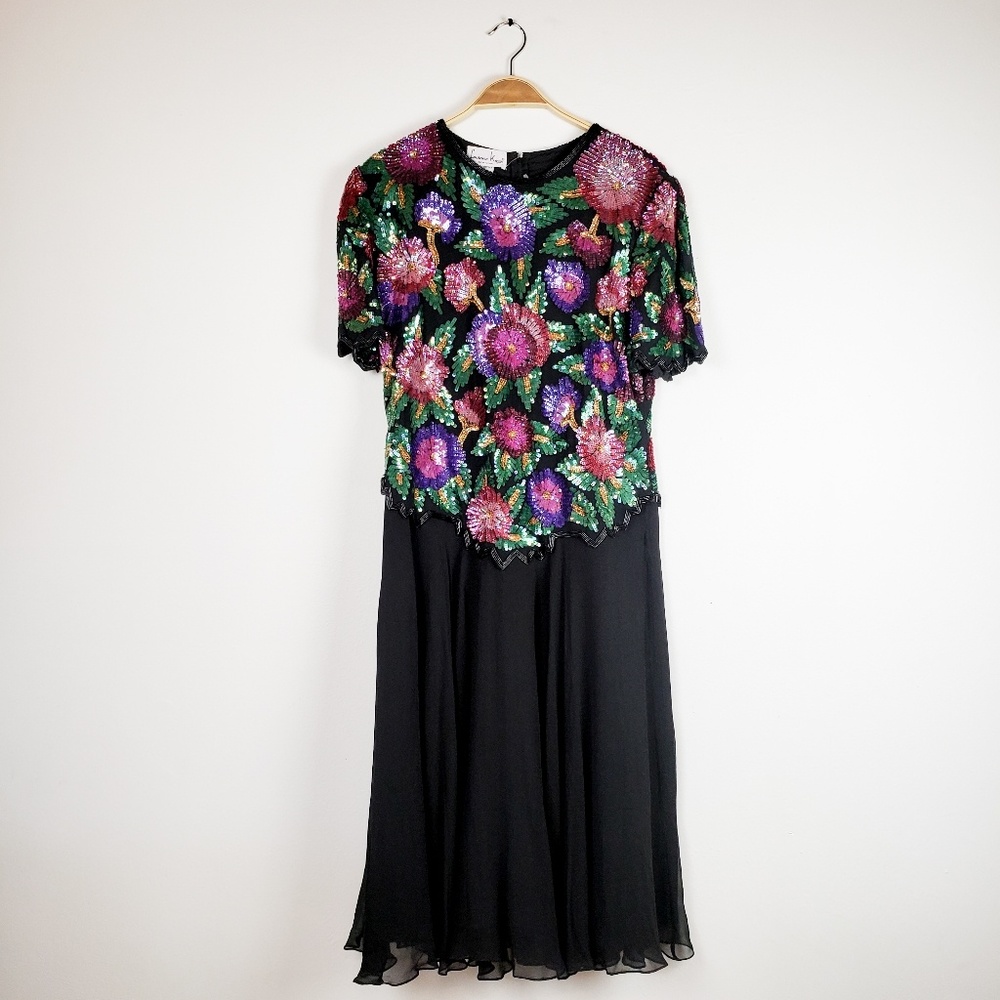 VTG • Laurence Kazar Floral Sequin Silk Dress